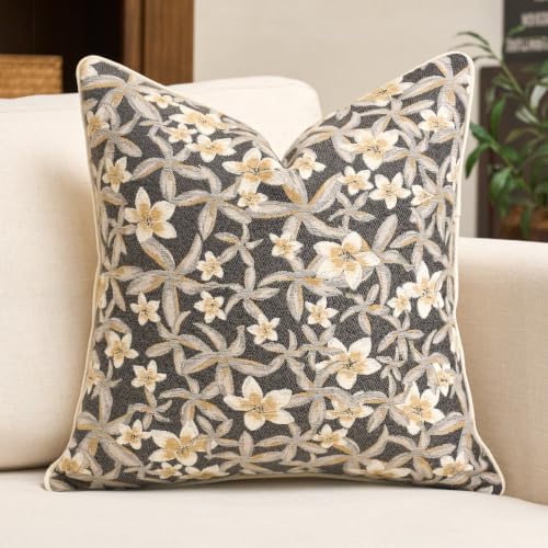 Aeckself Neutral Floral Pillow Cover 20 x 20 Inch, Vintage Chenille Square Throw Pillow Cover Soft Home Decorative Farmhouse Accent Couch Pillow Cover for Living Room Bedroom, Grey - color: Grey, size: 20" x 20" (Pack of 1)