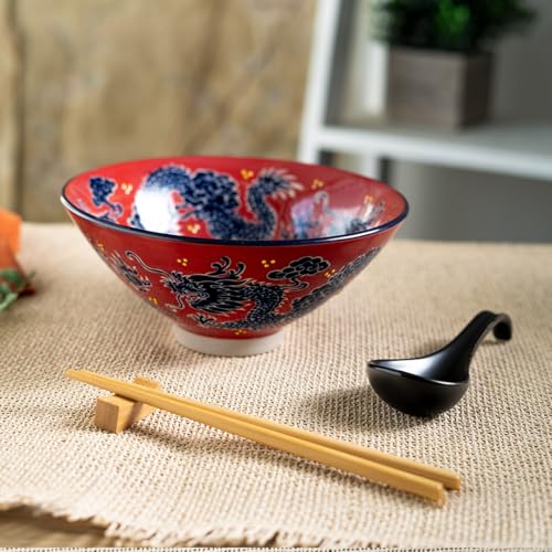 Urban Tokyo 24oz Large Ceramic Ramen Bowl Set with Chopsticks, Spoon & Bamboo Rest – Oriental Japanese Design, Microwave & Dishwasher Safe, Red Dragon - color: Red Dragon