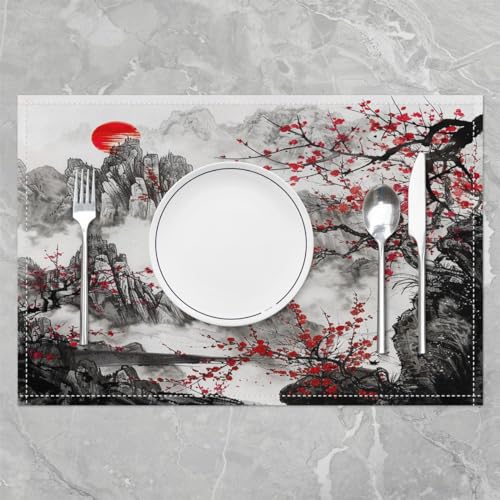 Feelyou Cherry Blossoms Placemats Set Set of 4 18"x12" - color: Black Red