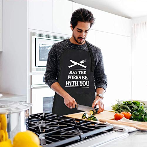 Rosoz Funny BBQ Black Chef Aprons for Men Adjustable Kitchen Cooking Aprons - color: May the Forks Be With You