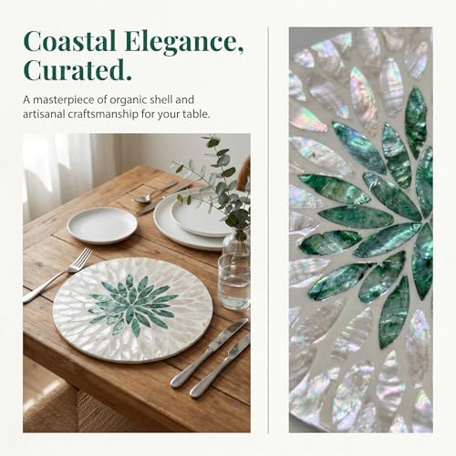 7.5" Mother of Pearl Shell Placemat, Round Decorative Charger Plate - color: Green leaf shell