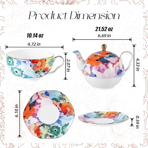 KAMMAK Tea for One Set, Ceramic Teapot, Bone China Tea Set, Cup and Saucer - color: Colorful-XY2