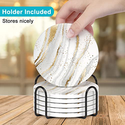 Coasters for Drinks, Set of 6 Cute Absorbent Ceramic Drink Coasters - color: Luxury White Gold Marble 03