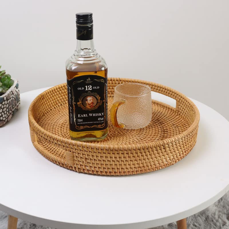 Round Rattan Serving Tray Decorative Woven Ottoman Trays with Handles for Coffee Table Natural (Small 11.8 inch x 2 inch) - color: Natural, size: 11.8"