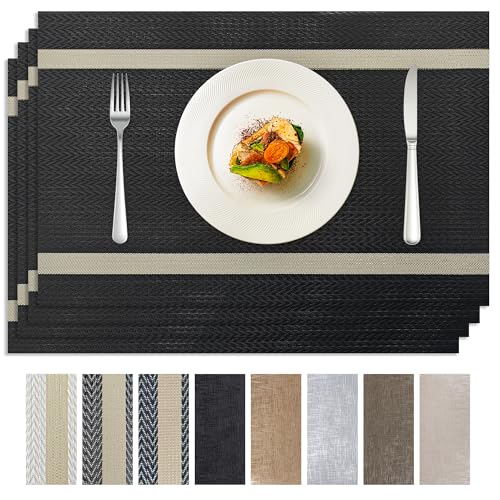 Black Placemats Set of 4, Stain Resistant Washable PVC Vinyl Woven for Dining Table, Flat Pack No Curled Edges, Heat Resistant Non Slip, 17 x 12 Inch - color: Black