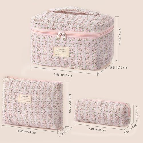 HBselect Quilted Makeup Bag, 3Pcs Cotton Large Travel Makeup Bags Organizer - color: A-3PCS-Floral 16