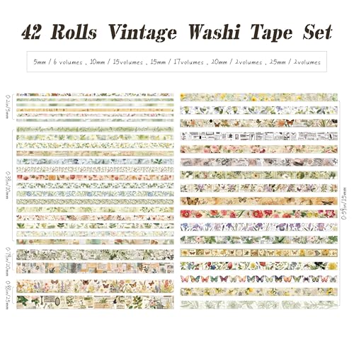 42 Rolls Vintage Washi Tape Set, Delicate Butterfly & Lush Floral Botanical Themed Writable Decorative Tapes with Retro Elements for Scrapbooking, Junk Journal Supplies, Bullet Journaling 5-25mm Wide - style: Botanical Style 3