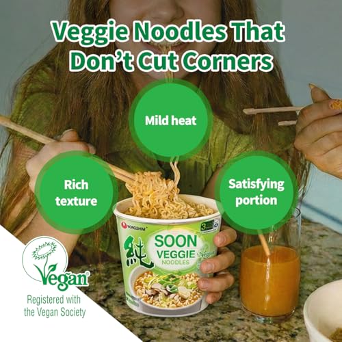 Nongshim Soon Veggie Ramyun Noodles, Signature Korean Instant Ramyun, Vegetable Flavored Broth, Vegan Noodles, Quick & Easy, Microwaveable Cup, 2.64 oz (Pack of 6) - size: 2.64 Ounce (Pack of 6)