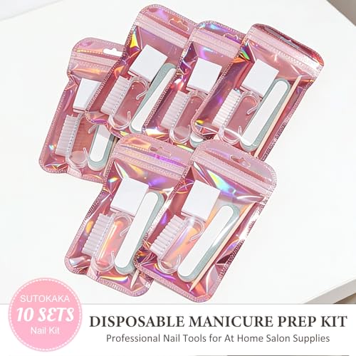 SUTOKAKA 10 Sets Disposable Manicure Prep Kit for Travel Home, Portable Basics 5 in 1 Nail Salon Pedicure Kit, Professional Nail Tools Supplies, Nail File, Mini Buffer, Wood Stick & Handle Grip Brush - size: 10 MIX3
