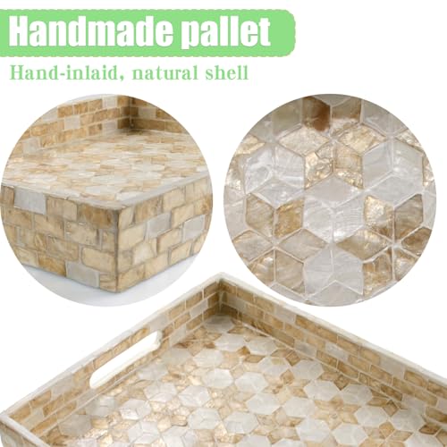 Rectangular Mother of Pearl Serving Tray, Handmade Ottoman Decorative Shell Tray with Handles for Fruit Bread Tea Breakfast Coffee Table Party Home Decor (White Gold Flower) - color: White Gold Flower
