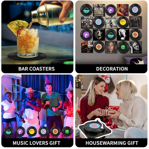 Funny Retro Record Coasters for Drinks with Vinyl Player Holder for Music Lovers,Set of 6 Conversation Piece Sayings Drink Coaster,Housewarming Hostess Wedding Registry Gift Ideas - style: A008