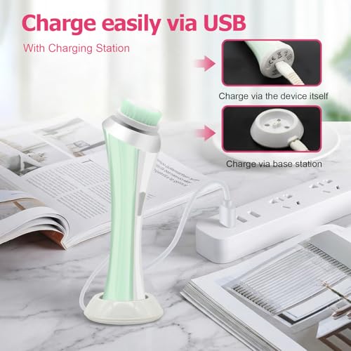 Facial Cleansing Brush, Electric Face Scrubber with 4 Brush Heads, Rechargeable USB Charging Dock, IPX4 Waterproof, 8000 RPM Dual Speed, Deep Cleansing & Exfoliation for All Skin Types (Green) - color: Green