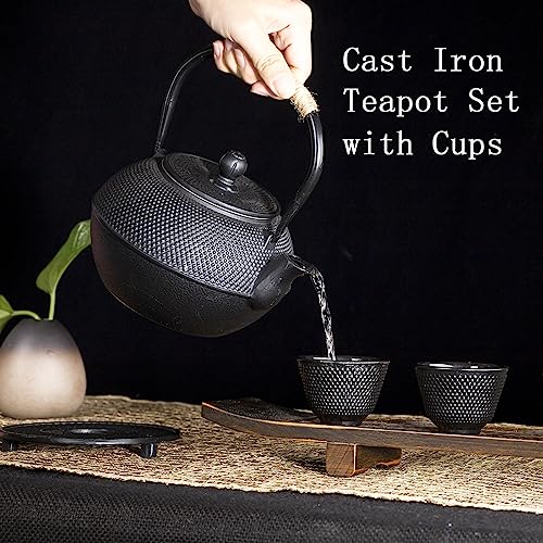 YJX 40.6oz Black Cast Iron Tea Pot Set with Teacups, Japanese Tetsubin - size: 1200 ml with Cups
