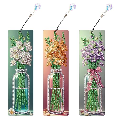 Tontut 3pcs Diamond Art Painting kit Bookmarks, vase Beautiful Universal DIY Bookmarks, Lightweight and Durable, Suitable for Reading Enthusiasts - color: vase