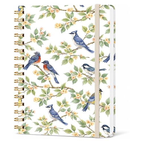 Blue Bird Lined Spiral Notebook, Pretty Hardcover Journal 6'' x 8.4'', Floral Notebook for Women, Work, Writing, Note Taking, Journaling Gift - color: Flower Bird