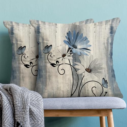Spring Pillow Covers 18x18 Pack of 2 Blue Daisy Floral Throw Pillow Covers Outdoor Decoration Vintage Summer Flower Decor Pillowcase Farmhouse Decorative Linen Cushion Case for Couch Sofa - color: Blue Daisy, size: 18" x 18" (Pack of 2)