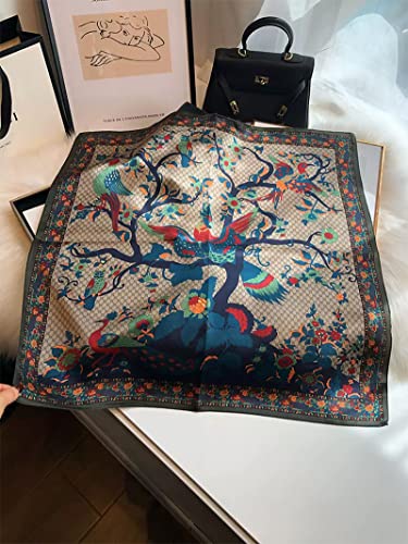 100% Mulberry Silk Scarf - 25.6" Square Neckerchief & Headscarf Gift Packed - color: Bird Tree