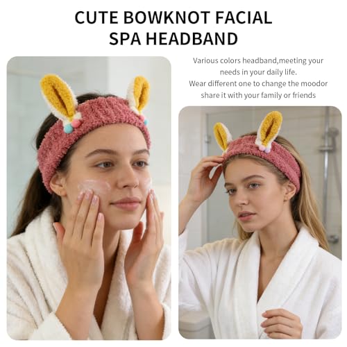 PERFECTSIGHT Kawaii Headband for Spa, Makeup, Washing Face, Party - 2 Pack Cute Hair Band for Shower Beauty Skincare, Soft Facial Headbands for Girls and Women (Red+Yellow Rabbit Ear) - color: Red+Yellow Rabbit Ear