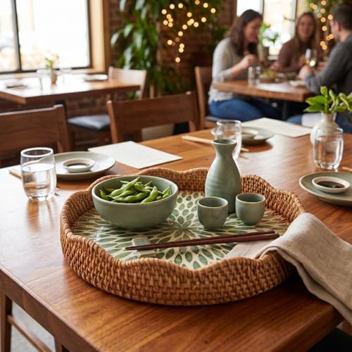 12 Inch Round Rattan Tray Mother of Pearl Inlay, Leaf Style - style: Leaf Style
