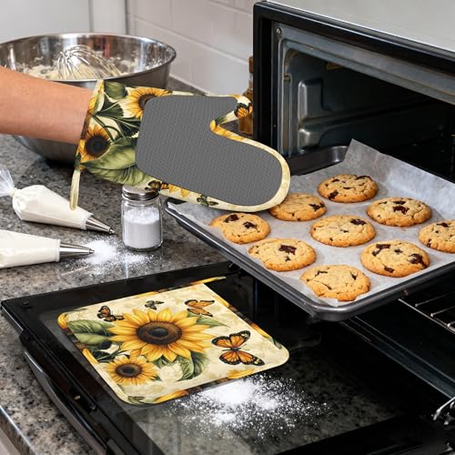 Vintage Sunflower Silicone Oven Mitts and Pot Holders,Butterfly Heat-Resistant 4 Piece Kitchen Set Non-Slip Oven Gloves and Hot Pads for Cooking, Baking, Grilling,BBQ - color: Vintage Sunflower Butterfly