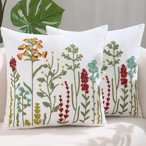 LUOYEHK Embroidered Pillow Covers 18x18 Inch Set of 2 Decorative Throw Pillow Cover Tufted Floral Spring Summer Boho Cushion Pillowcase for Couch Sofa Bed Living Room, Colorful Flowers - color: Colorful Flowers