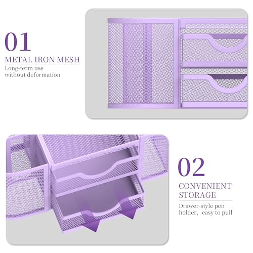 SUPEASY Mesh Desk Organizer, Pen Holder for Desk with 2 Drawers, Purple - color: Lilac Purple