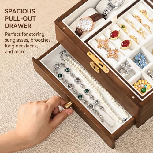 Black Walnut Jewelry Box for Women, 3 Layer Top Lock Wooden Organizer Case - color: 3 Layer Top Lock