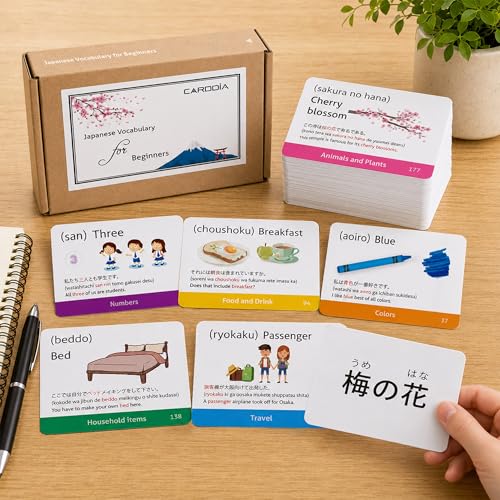 Japanese Vocabulary Flash Cards for Beginners (with Illustrations and Example Sentences), Standard Playing Card Size, Sturdy, Water Resistant