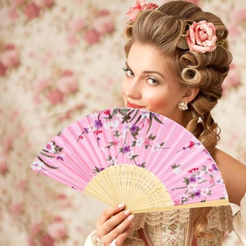 durony 12 Pieces Floral Folding Fans Silk Bamboo Handheld Fans Vintage Handheld Fan Flower Patterns Fabric Fans for Wedding Gifts, Dancing, Party Favors, Multicolor