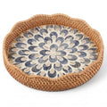 12 Inch Round Rattan Tray Mother of Pearl Inlay, Feather Style - style: Feather Style