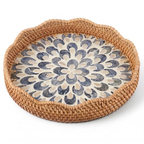 12 Inch Round Rattan Tray Mother of Pearl Inlay, Feather Style - style: Feather Style