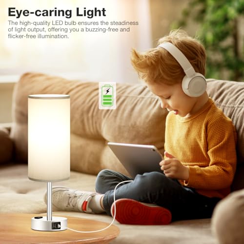 Fenmzee Grey Bedside Lamp for Bedroom, Dimmable Touch, USB A+C, AC Outlet - color: Grey - Silver, size: 14"