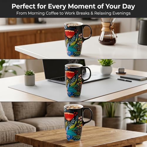 Topadorn 17oz Ceramic Travel Mug with Lid, Botanical Floral Coffee Mug - color: Flower