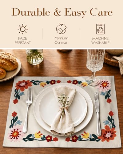Embroidered Placemats Set of 6-13"x 18" 6PCS Embroidered Rustic Washable Fabric Place Mats Farmhouse Boho Dining Table Mats Dinner Placemats, Colorful Flower - color: Colorful Flower