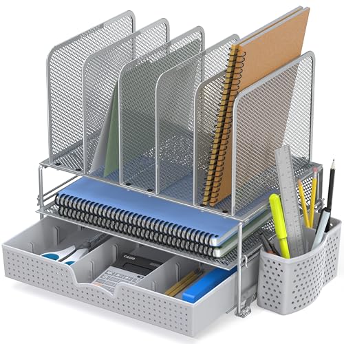 Simple Houseware Desk File Organizer for Office Supplies w/Drawer, Silver - color: Silver