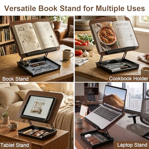 Book Stand for Reading, Wooden Cookbook Stand with Storage