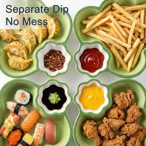 Leaf Shaped Ceramic Serving Platter Set of 2, Divided Snack & Appetizer Dish for Chip and Dip, Sauces, Fries, Tapas, Fruit and Dessert