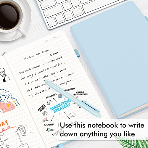 feela 5 Pack Notebooks Journals Bulk, Hardcover Notebook Classic Ruled Lined Journals with Pen Holder for Women Girls School Business Supplies, with 5 Black Pens, 120 GSM, 5.1”x8.3”, A5, Light Blue - color: 5 Pack light blue
