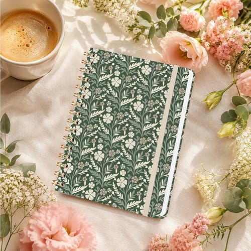 Green Floral Lined Spiral Notebook, Pretty Hardcover Journal 6'' x 8.4'', Botanical Notebook for Women, Work, Writing, Journaling Gift - color: green sage