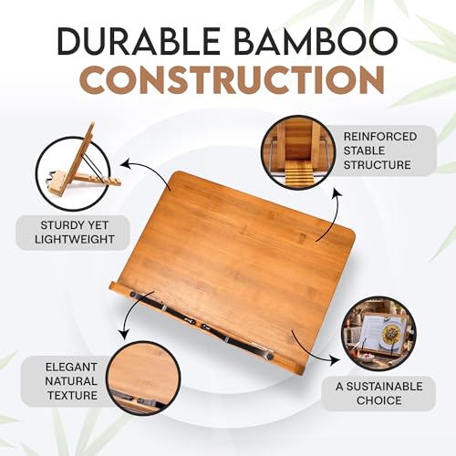 Bamboo Cookbook Stand Medium, Adjustable Book Holder Tray and Page Paper Clips - 4-Position Recipe Book Stand Holds Thick Books for Kitchen Counter, Reading, Studying, Foldable - Medium - Walnut Color - color: Walnut, size: Medium