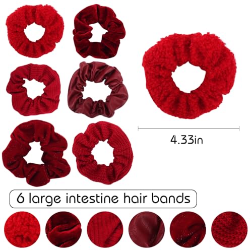 Scrunchies for Women Girls 6Pcs Red Velvet Scrunchies for Thick Hair Ultra Textured Soft Corduroy Scrunchy Hair Ties Christmas Elastic Hair Bands Fuzzy Ponytail Holders Cute Hair Accessories - color: C-Red 6PCS