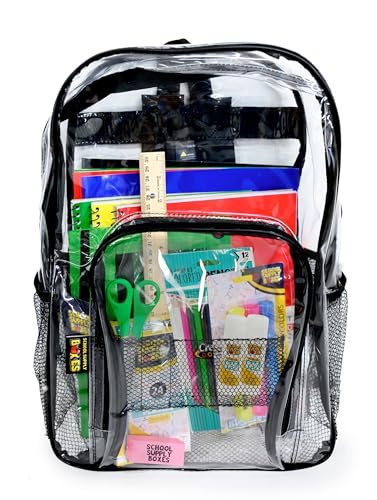 School Supply Boxes | 17" (Black or Clear) Backpack Bundle for (Elementary, Intermediate, or High School) - color: Clear, style: Intermediate
