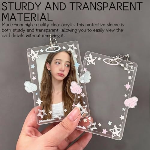 2 Pieces Star Wing-Shaped Photocard Holder Keychain - Clear Acrylic Protective Sleeve for ID, Bus, Student Card (Blue,Green)
