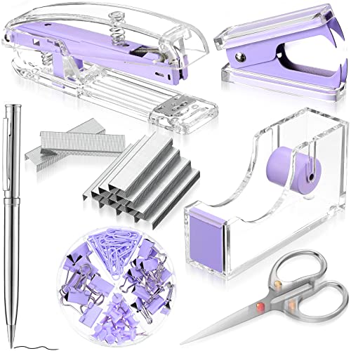 Office Supplies Set Desk Accessory Kit, Acrylic Stapler Set Staple Remover, Tape Dispenser, Binder Clips, Paper Clips, Ballpoint Pen and Scissor with 1000 Pieces 26/6 Staples (Purple) - color: Purple