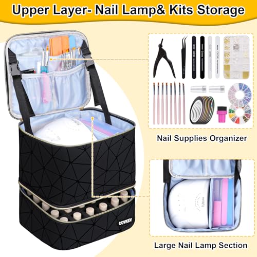 Covkev PU Leather Nail Polish Organizer Bag Holds Nail Lamp& 30 Bottles (15ml-0.5 fl.oz), Portable Travel Nail Kit Storage Carrying Case, Double Layer Nail Supplies Organizer Handbag (Elegant Black) - color: Elegant Black - 30 Bottles