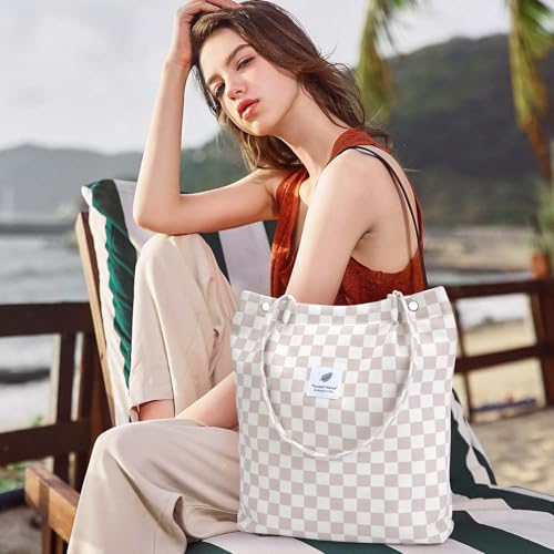 Ayieyill Corduroy Tote Bag for Women Canvas Shoulder Cord Purse with Inner Pocket - color: Pink/Grid