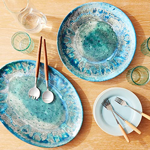 Radiance Teal 2pc Melamine Platter Set – 14" Round & 18"x13.5" Oval Serving Trays – Reactive Glaze Style Artisan Serveware for Entertaining, Holidays, Dinner Parties, or Gifts