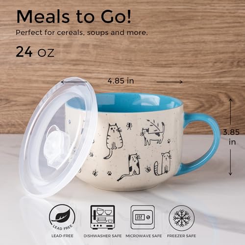 AmorArc 24 Ounces Ceramic Soup Mugs with Lids and Handle, Stoneware Bowls Cup Set of 2 for Soup, Stew, Noodle, Beautiful Mug Bowls With Lovely Dog,Cat Patterns, Microwave&Dishwasher Safe, Blue - color: Blue, size: 24oz