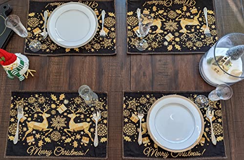 DaDa Bedding Set of 4-Pieces Magical Golden Reindeer Tapestry Placemats - Starry Winter Snowflake Festive Merry Christmas Holiday Yellow & Black - Needle Stitched Woven Table Mats - 13” x 19” - color: Magical Deer