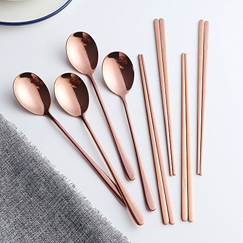 Buyer Star 4 Set Spoon Chopsticks, Rose Gold Reusable Metal Stainless Steel Korean Chopstix Spoon Set - color: rose gold-flat chopstick and spoon